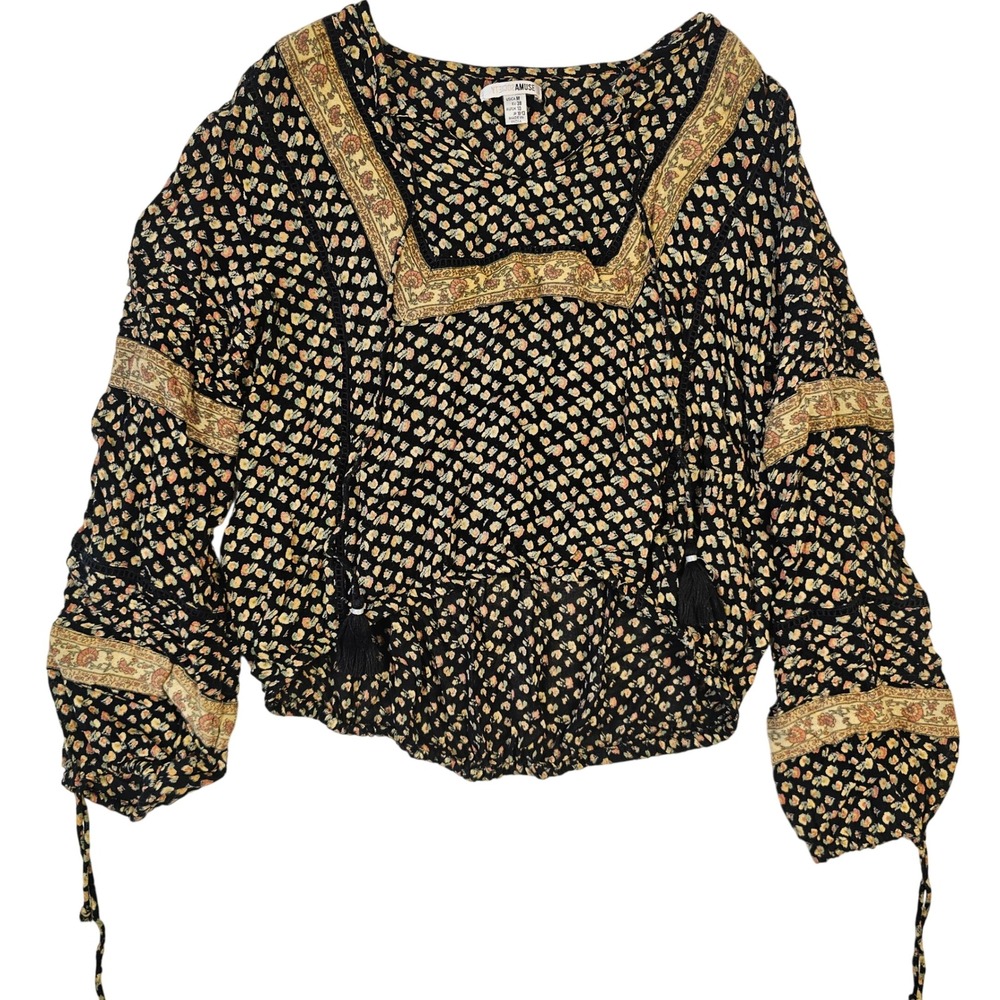 Amuse Society Black Floral Boho Peasant Blouse Tassel Square Neck M